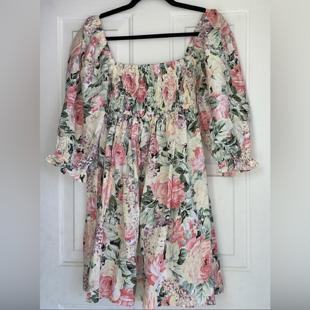FAITHFULL THE BRAND ALINA LINEN PASTEL FLORAL DRESS IN SIZE 6